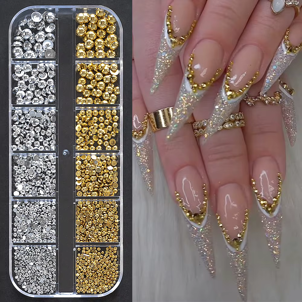 12 grilles or argent perles pour ongles 3D demi-rond perle