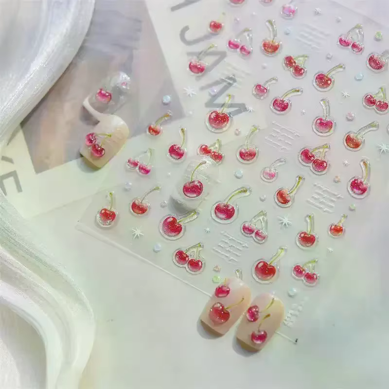 Autocollant d'art d'ongle de cerise rouge de gelée douce gaufrage fille femmes