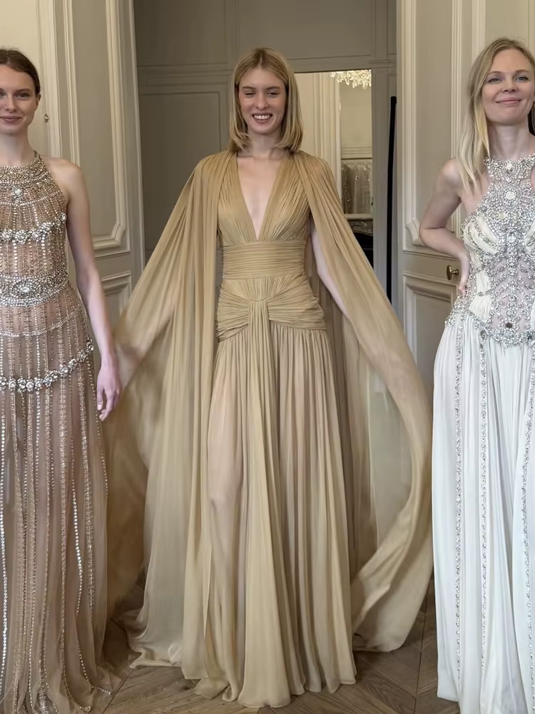 Sisterlinda Élégant Tendance Robe Femmes Plis Maille Cape Voir À Travers Ourlet v-Cou Gland De Mariage Fête D'été Chic Mode Vestidos