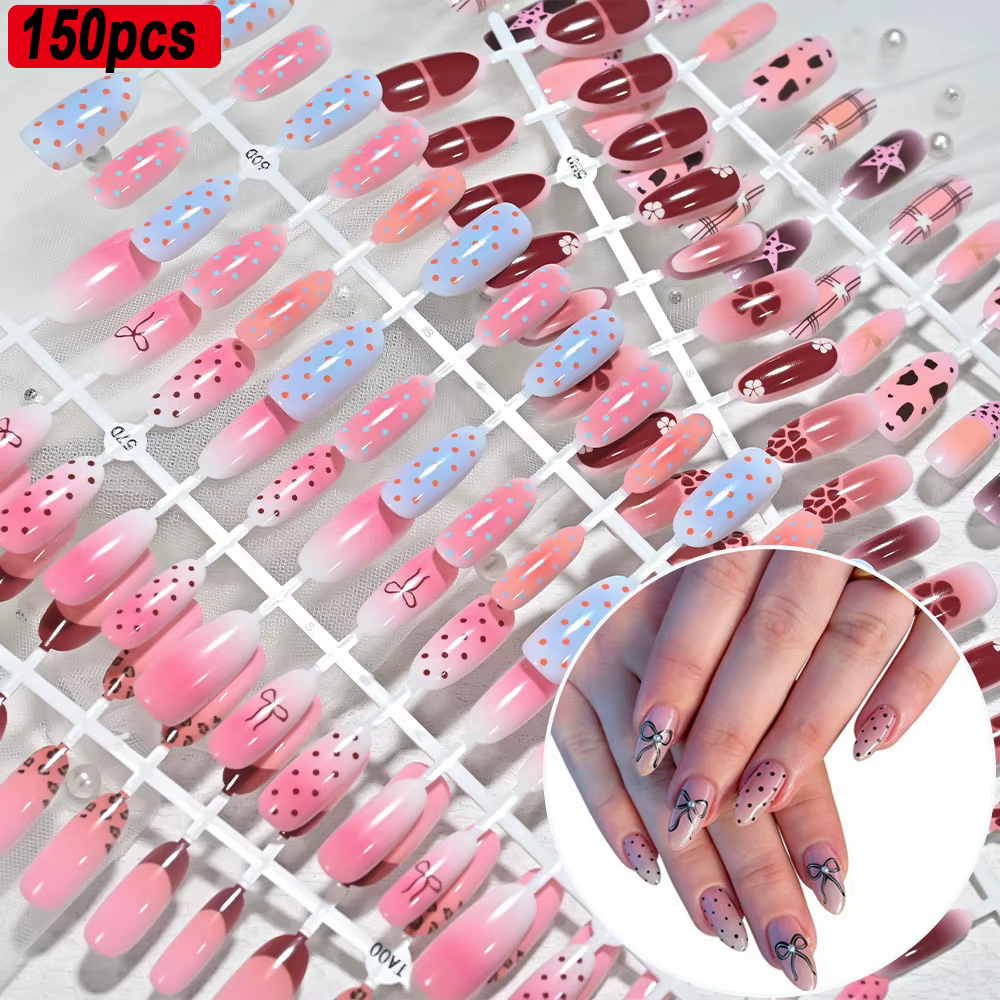 120/150 pièces Faux ongles français ovales moyens dégradés rose bleu