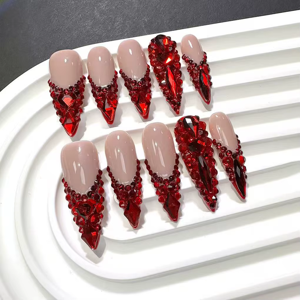10 pièces haut de gamme la série rouge est pleine de diamants cercueil fait à la main pointes françaises faux ongles