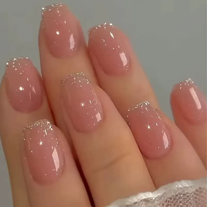 Faux ongles courts N64.avec poudre scintillante pour filles