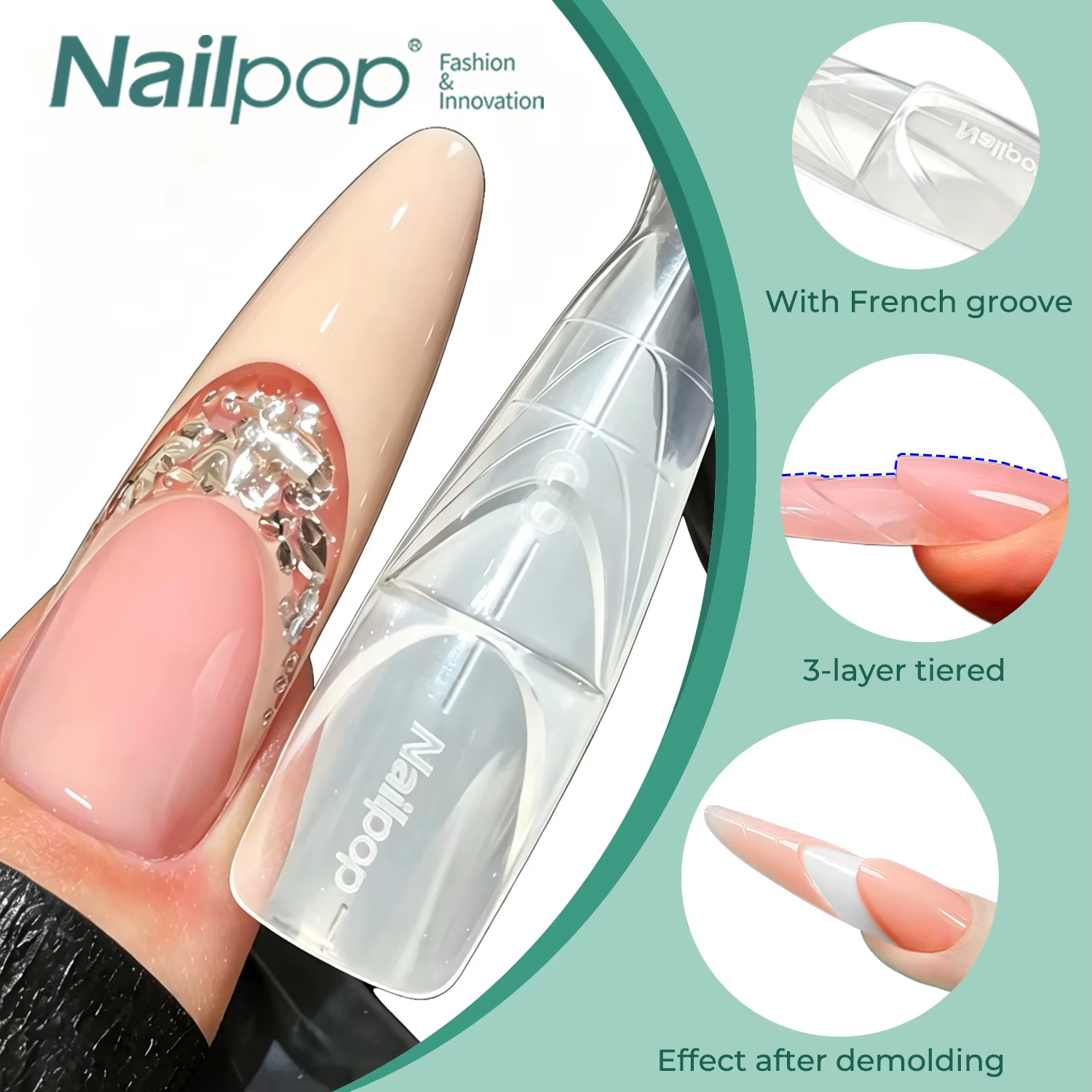 Nailpop Dual Form Space French Oval Transparent 15 Tailles Système de superposition 3D créatif pour manucure en salon en une étape 150 pièces