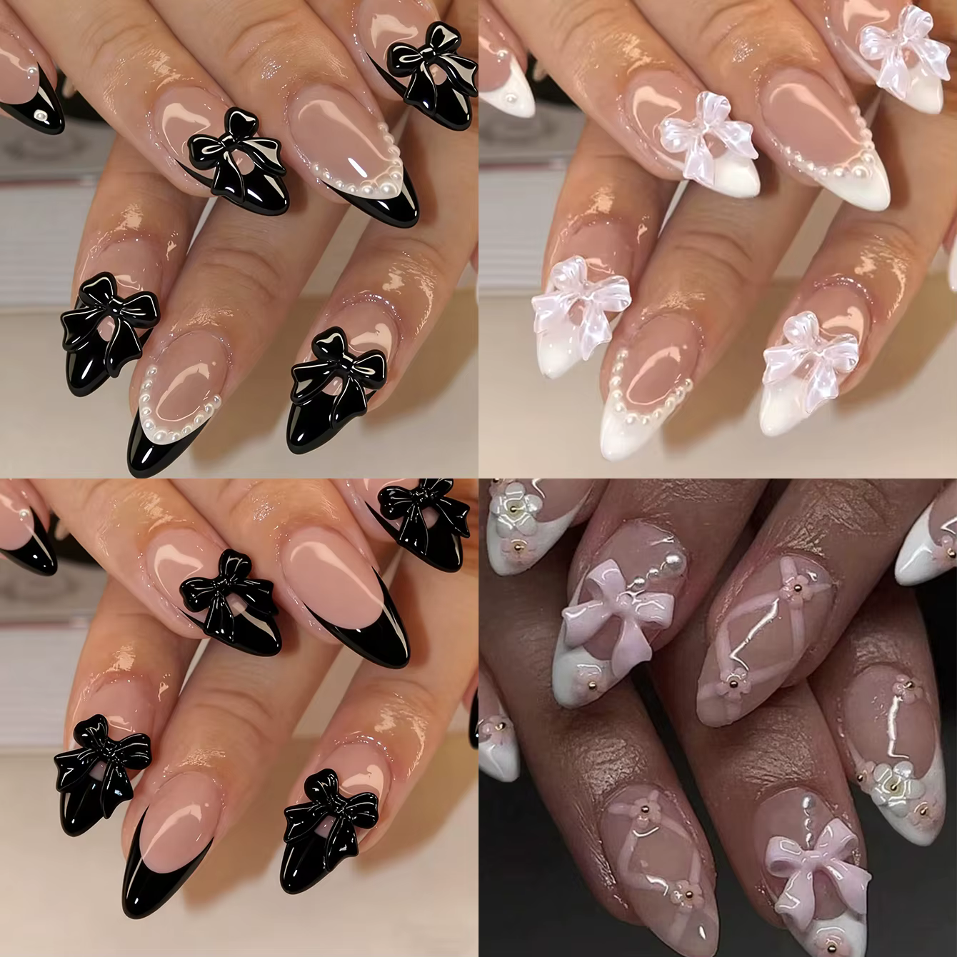 ARTAUG 96 pièces faux ongles français pressés en amande avec des motifs de perles et de fleurs d'arc 3d