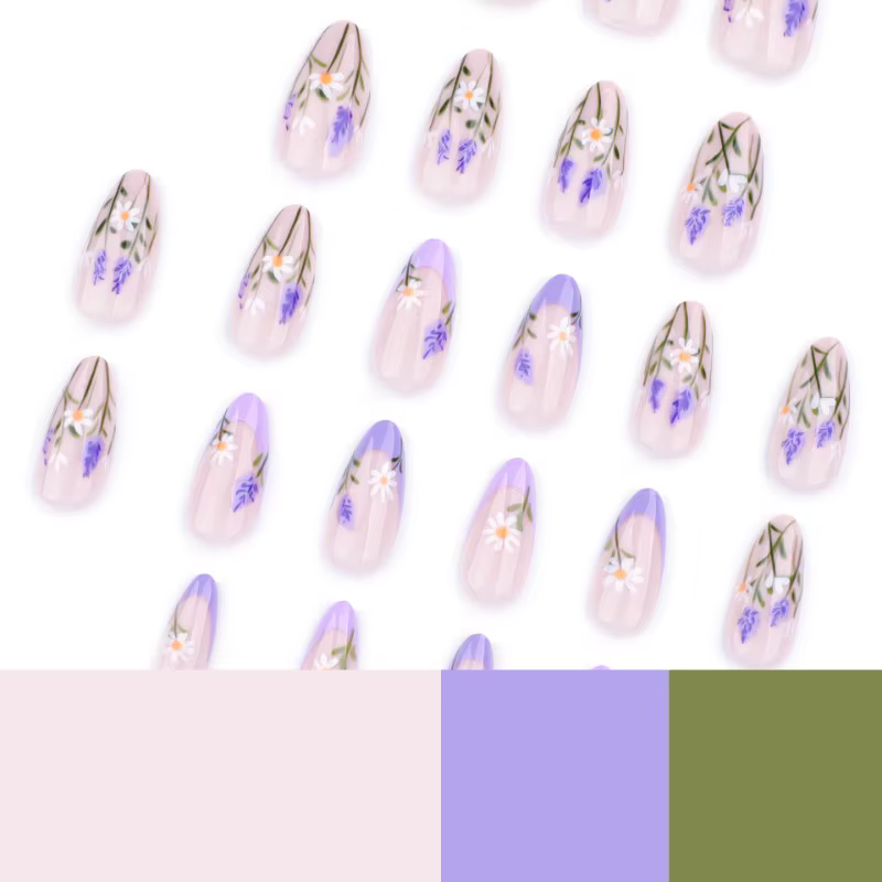 24 pièces printemps été ongles presse Ons fleur français violet faux