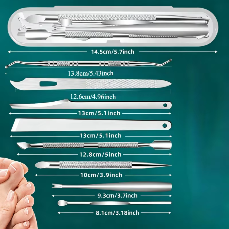 8 outils de pédicure en acier inoxydable pour le soin des mains et des pieds