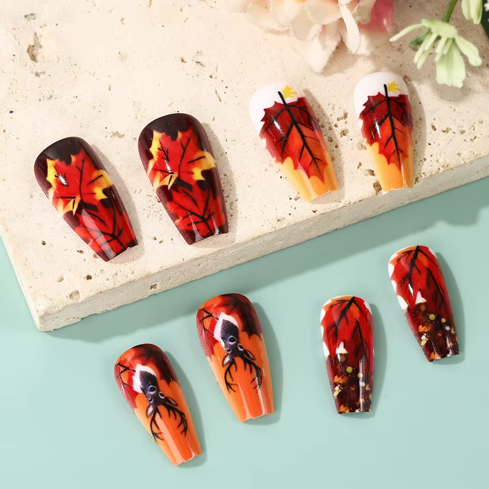 24 pièces automne ongles conseils feuilles d'érable décoré faux