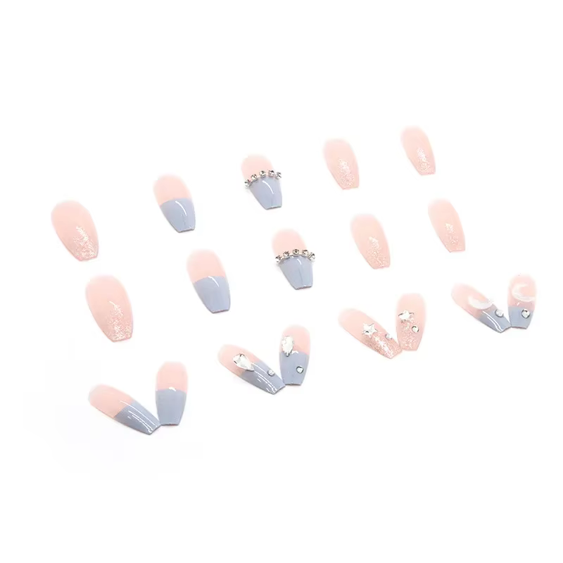 Sel de mer bleu clair 24 pièces presse sur ongles rose dégradé faux