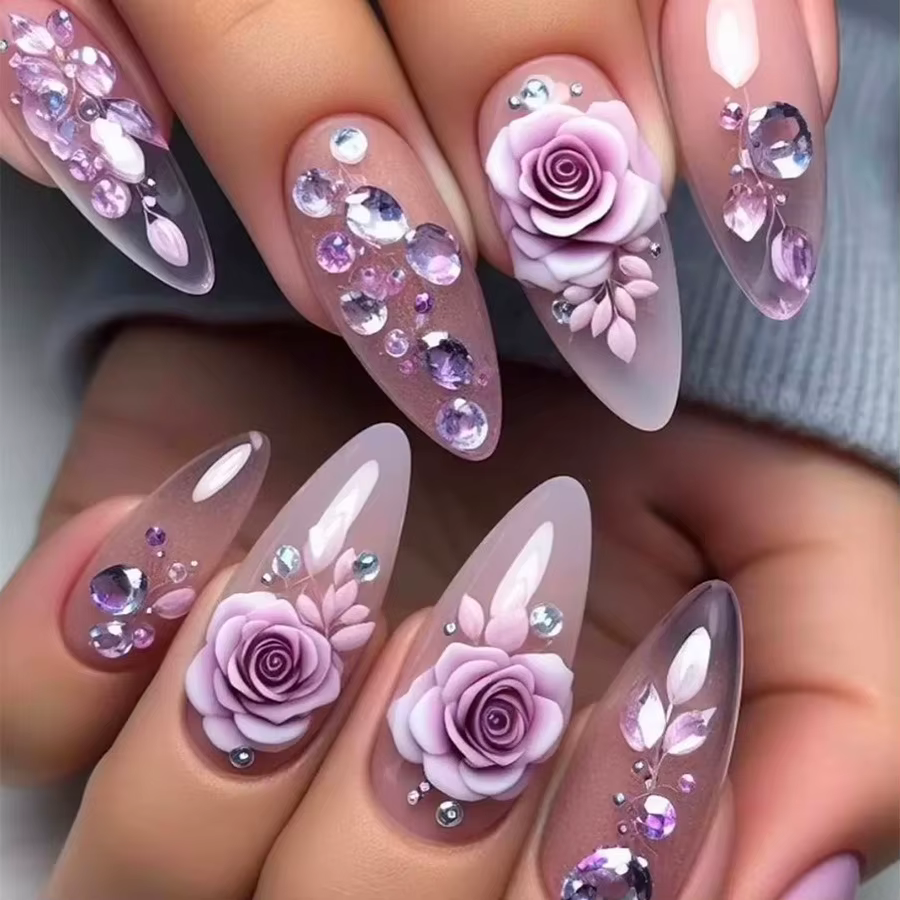 Fleur violette presse sur ongles 24 pièces amande/café portable faux
