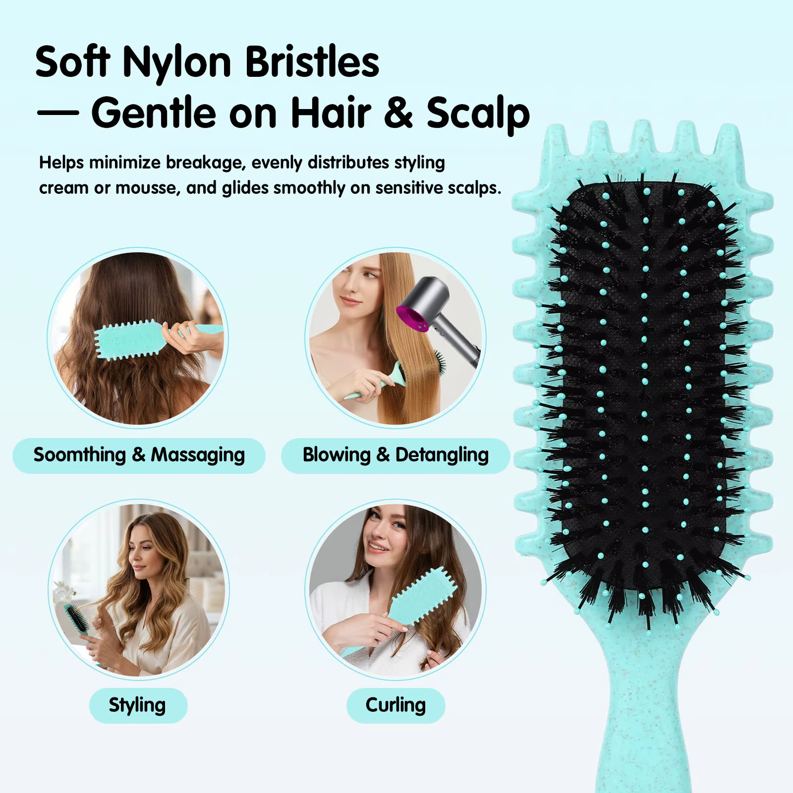 Brosse coiffante pour cheveux bouclés Salon Bursh : Boucles définies sur cheveux mouillés - Brosse démêlante et volumisante à poils en nylon pour tous types de cheveux