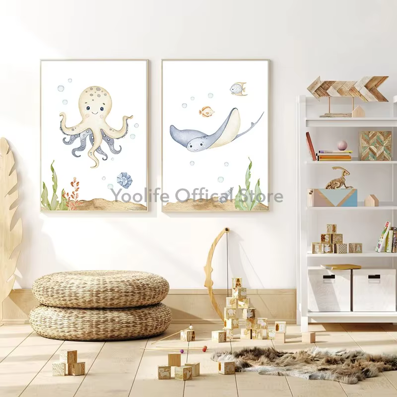 Impressions de pépinière d'animaux marins, dessin animé, tortue de mer, affiche d'interconnexion, art d'animaux marins, peinture sur toile, décor mural de chambre d'enfant