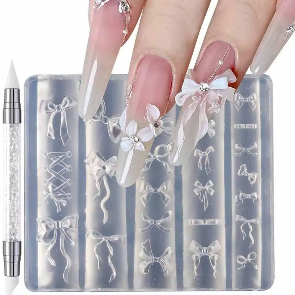 Moules à ongles en Silicone avec nœud papillon 3D + 1 stylo à découper