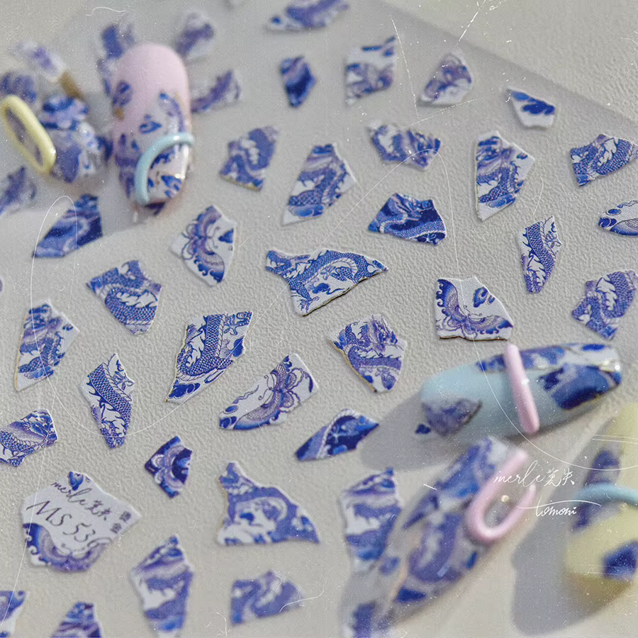 Autocollant pour ongles Dragon en porcelaine bleue et blanche