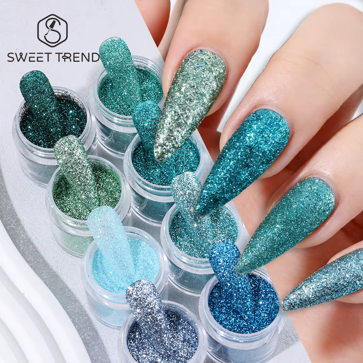 8 Bouteilles de Poudre à Paillettes pour Ongles Série Été Bleu