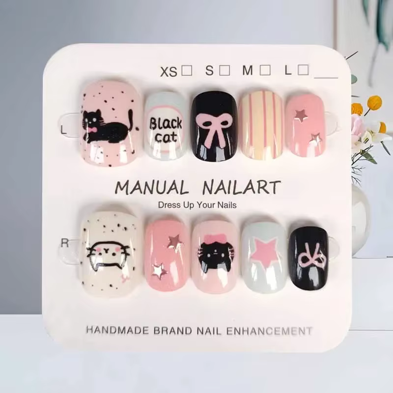 10 pièces Style coréen mignon dessin animé chat noir rose nœud papillon doux Cool dessiné à la main Patch pour ongles