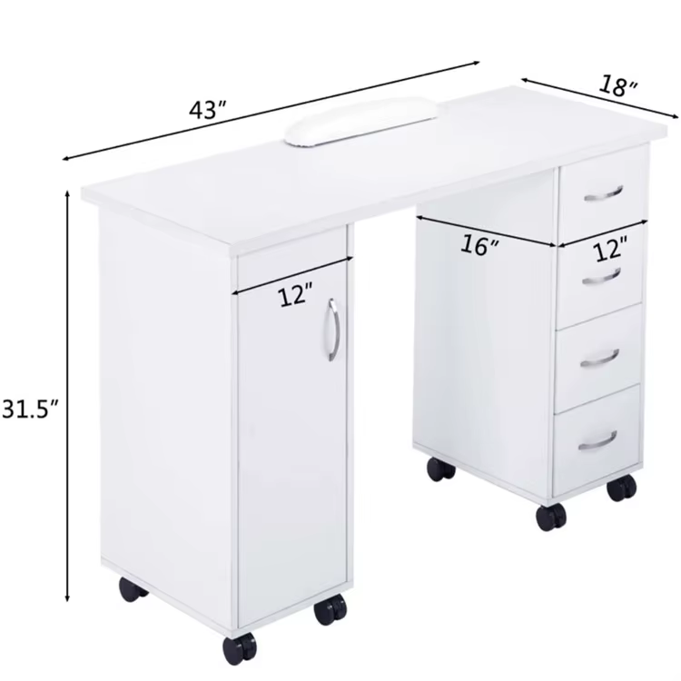 Table de manucure blanche, en bois, hauteur 75 cm/29,5 pouces, table à ongles portable, avec support pour les mains, bureau de manucure pour salon de beauté