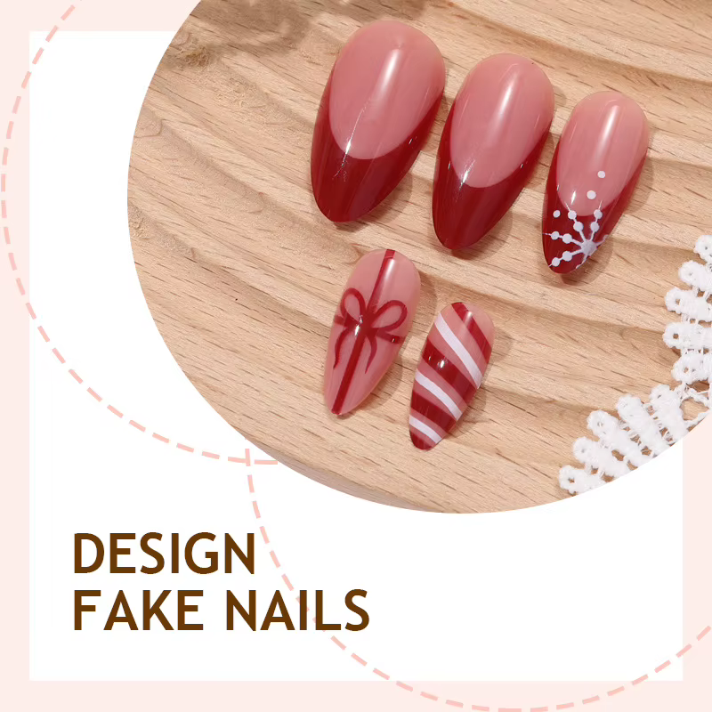 Faux ongles en amande, bordeaux et blanc