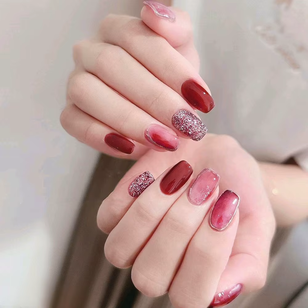 24 pièces brillant court plat presse sur ongles rose paillettes Style français faux