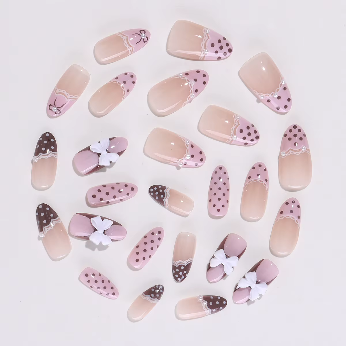 24 faux ongles mignons en dentelle à nœud
