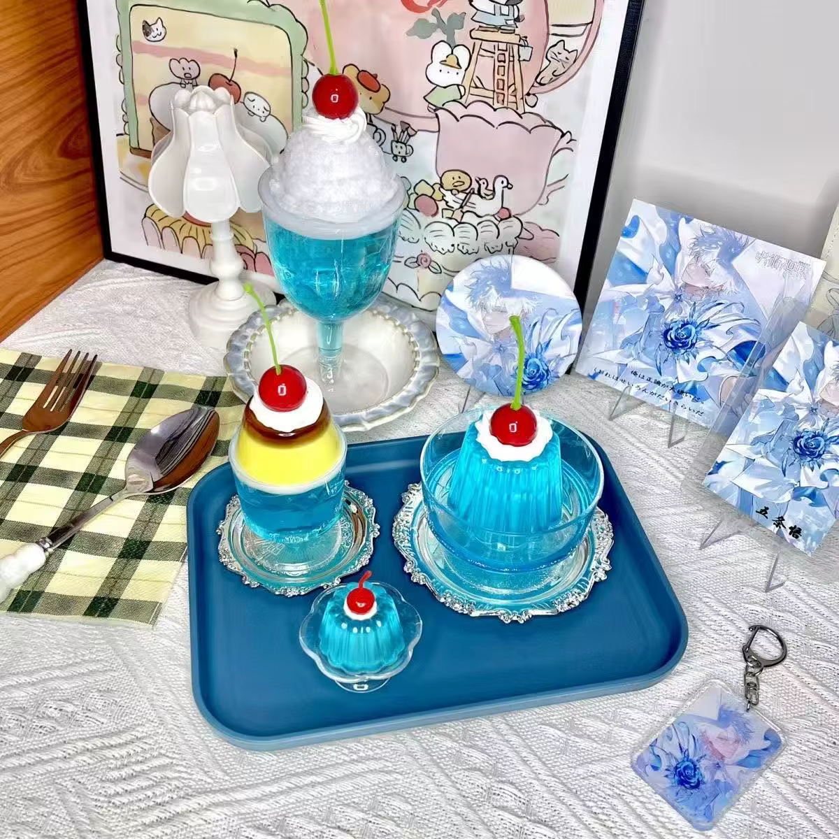 Accessoires photo de pudding simulé, Gumei Blue Bubble Fruit Jelly Pudding, dessert pour fille, décoration de chambre mignonne, ornement, accessoires de décoration, cadeau