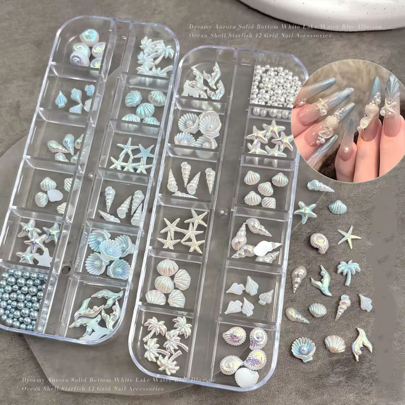 Lot de 12 boîtes de 12 compartiments pour décoration d'ongles : étoiles de mer