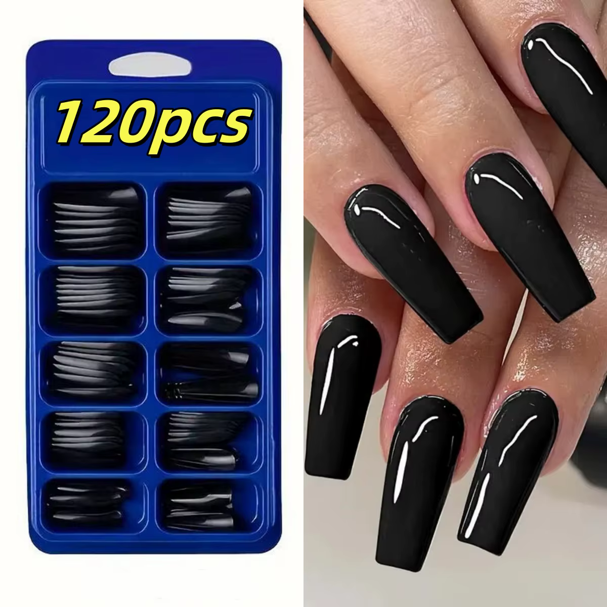 120 pièces cercueil Long noir ongles à pression couverture complète Ballet forme carrée faux