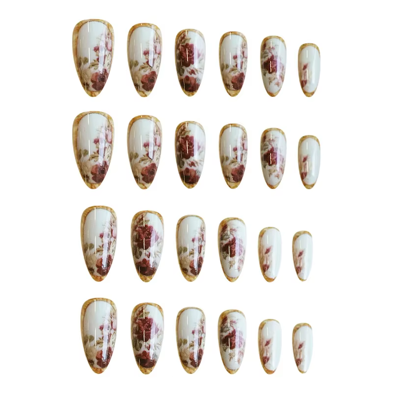 24 pièces ongles à pression avec amande Rose plaquée or Design Floral classique