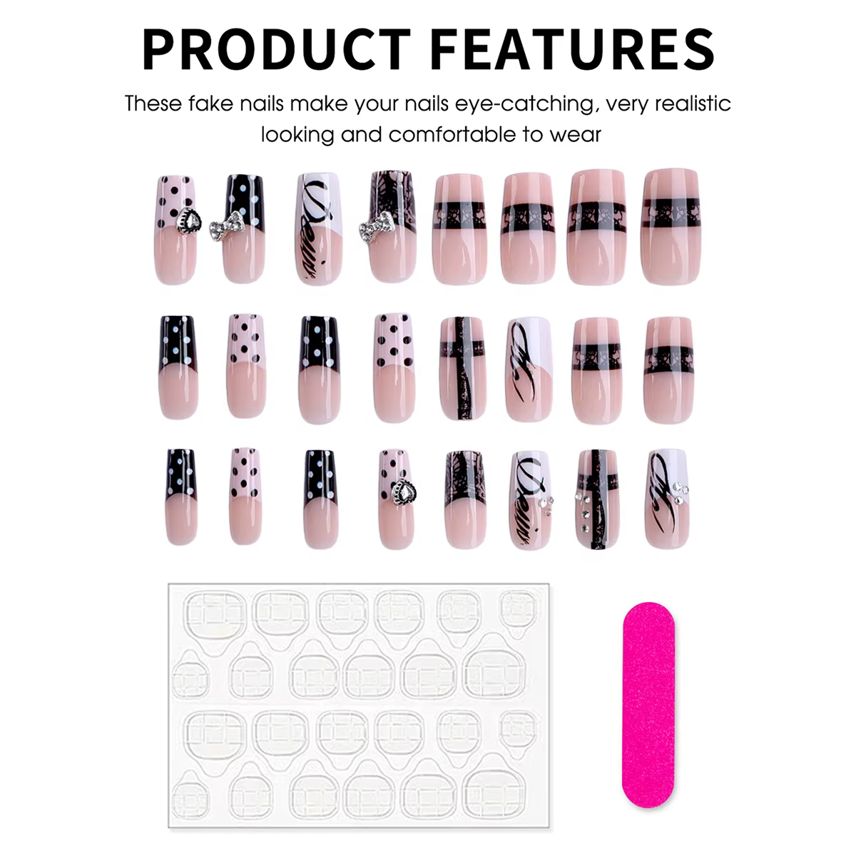 24 faux ongles cercueil mi-longs