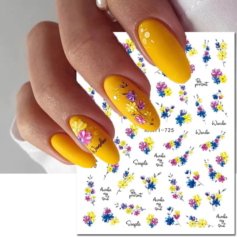 3d Nail Art décalcomanies été demande fleurs jaune bleu rose