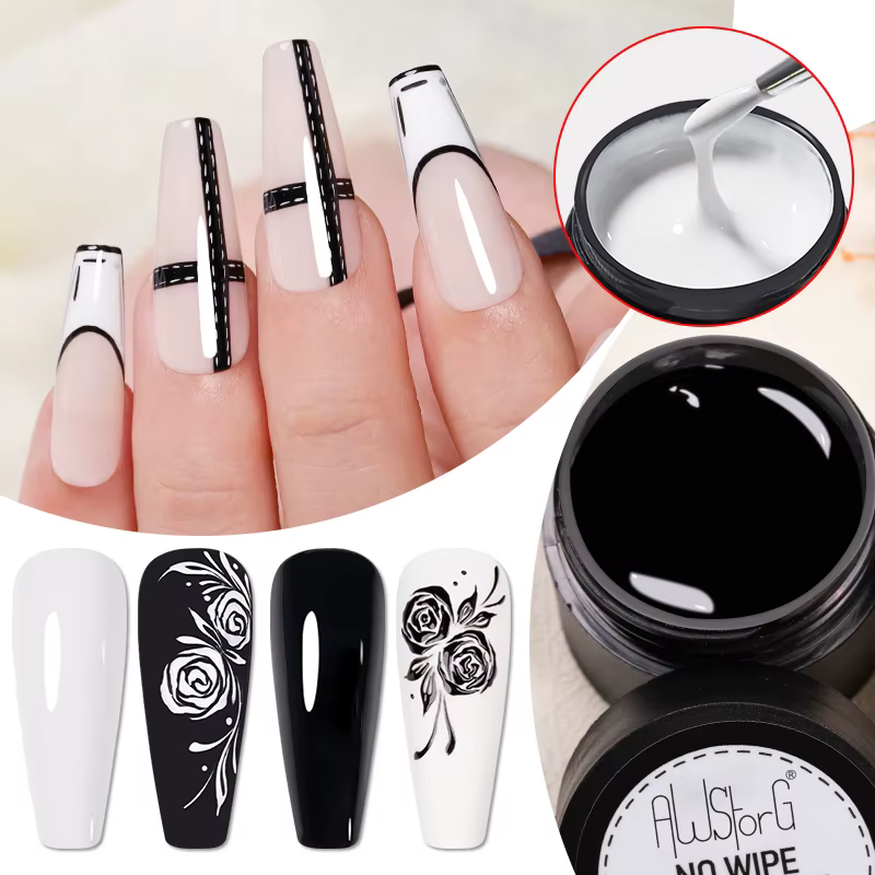 AWStorG 2 pièces sans lingette peinture Gel pour Nail Art tremper UV LED Gel blanc noir 5g longue durée Gel pour ongles