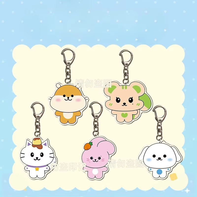 Ensemble de porte-clés en acrylique avec animaux de dessin animé mignons : Hamster, Tigre, Chat, Lapin, Chien. Accessoires de sac Kawaii, Pendentif Album LIKE YOU BETTER.