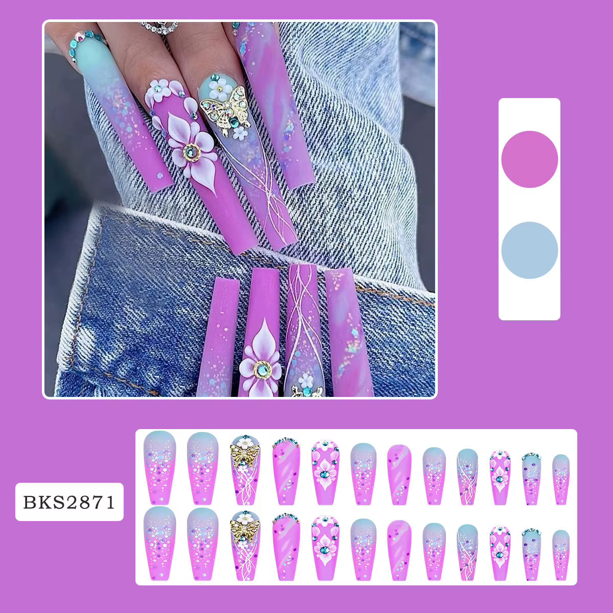 Faux biscuits arc-en-ciel avec camélia presse longue sur N64 Coffin Glitter French Tip N64 Rainbow Ombre N64