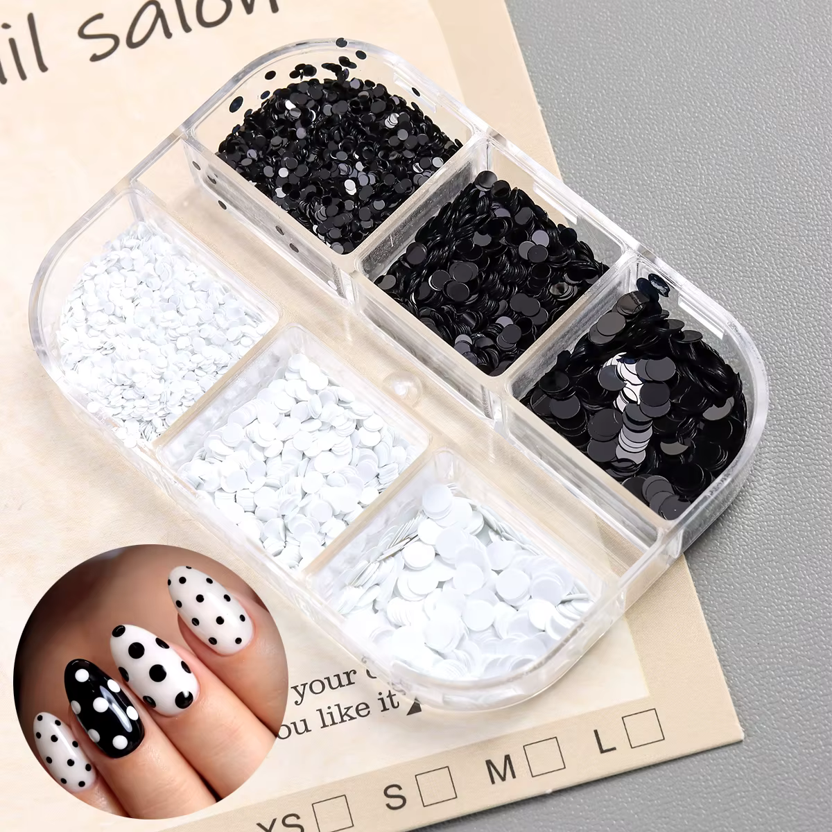 Accessoires de nail art à pois noirs et blancs scintillants