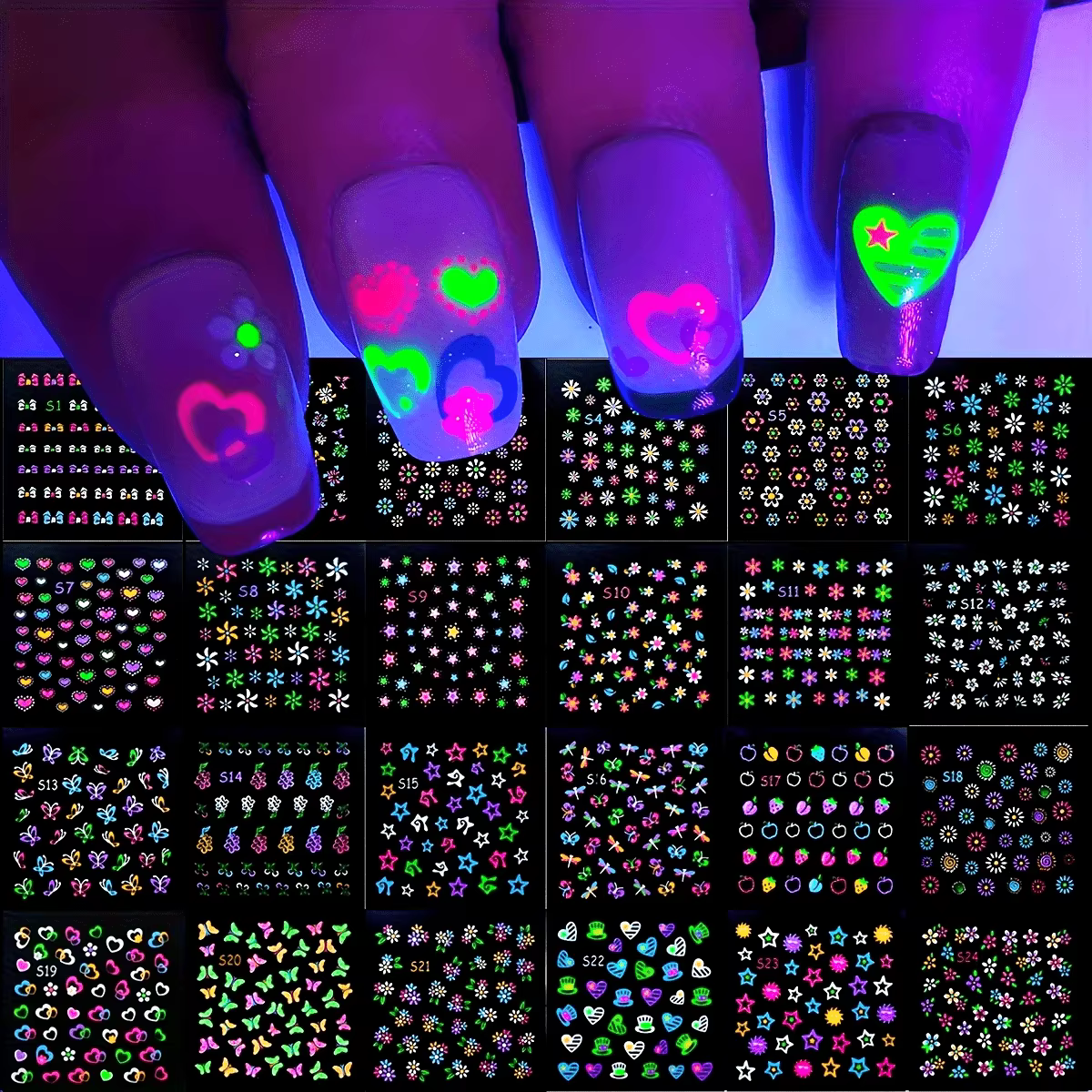 Autocollants pour ongles néon 3D qui brillent dans la nuit
