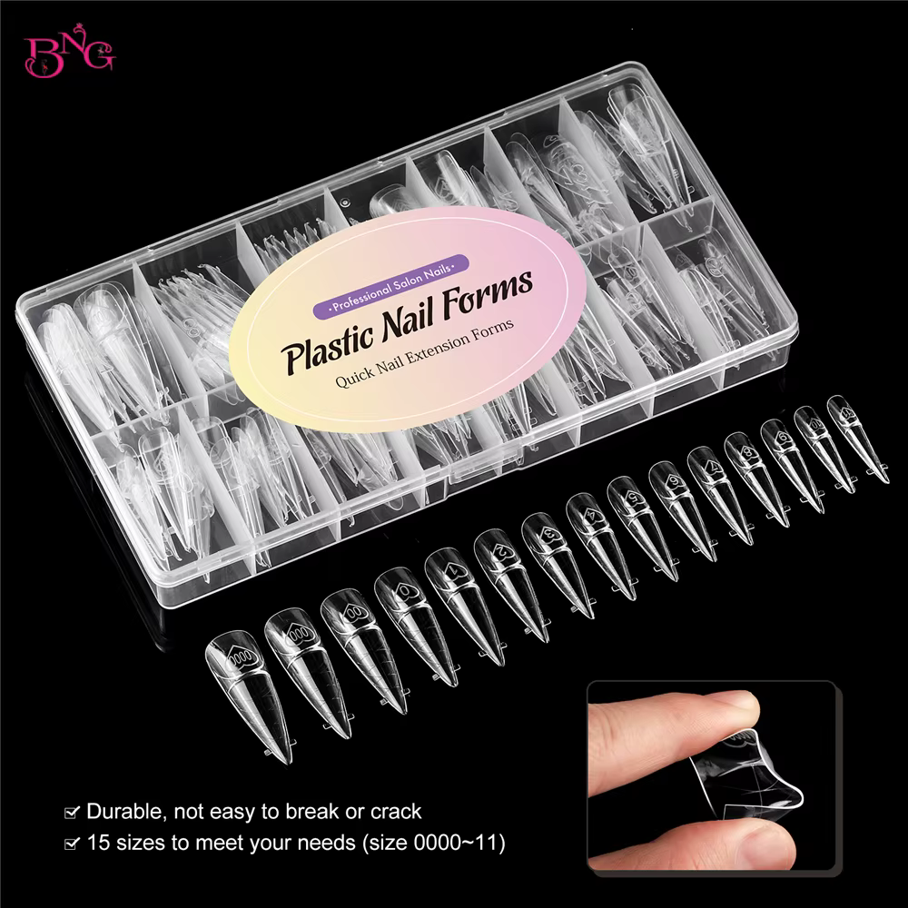 BNG Dual Forms pour Gel Constructeur, Formes Double Usage Stiletto, Carrées, French Space, pour Extension d'Ongles, 150 Pièces, Moules Acryliques Réutilisables