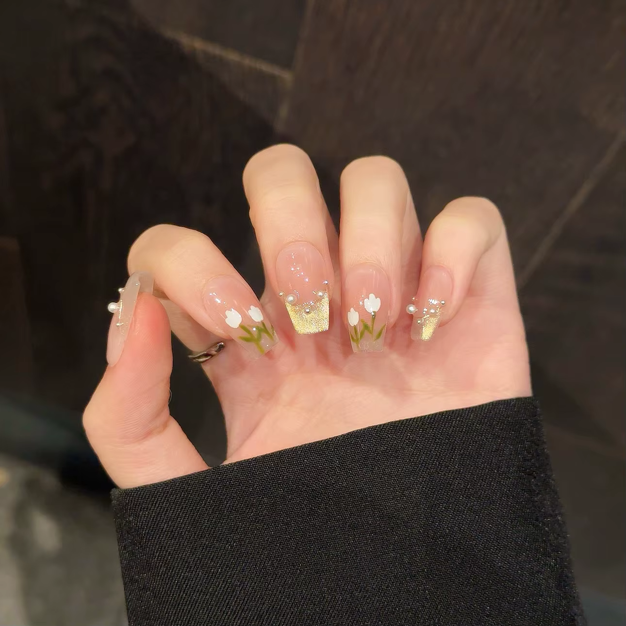10 pièces oeil de chat faux ongles faits à la main avec perle longue amande couverture complète pointe d'ongle tulipe