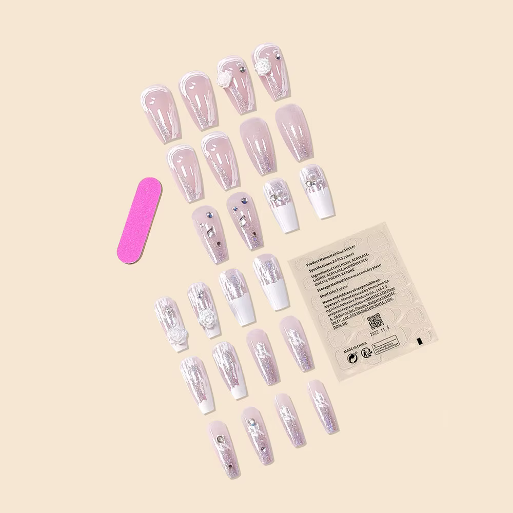 Nouveau femmes filles 24 pièce/ensemble moyen Ballet français blanc camélia pierre décoration couverture complète portable faux ongles presse sur Nail Art