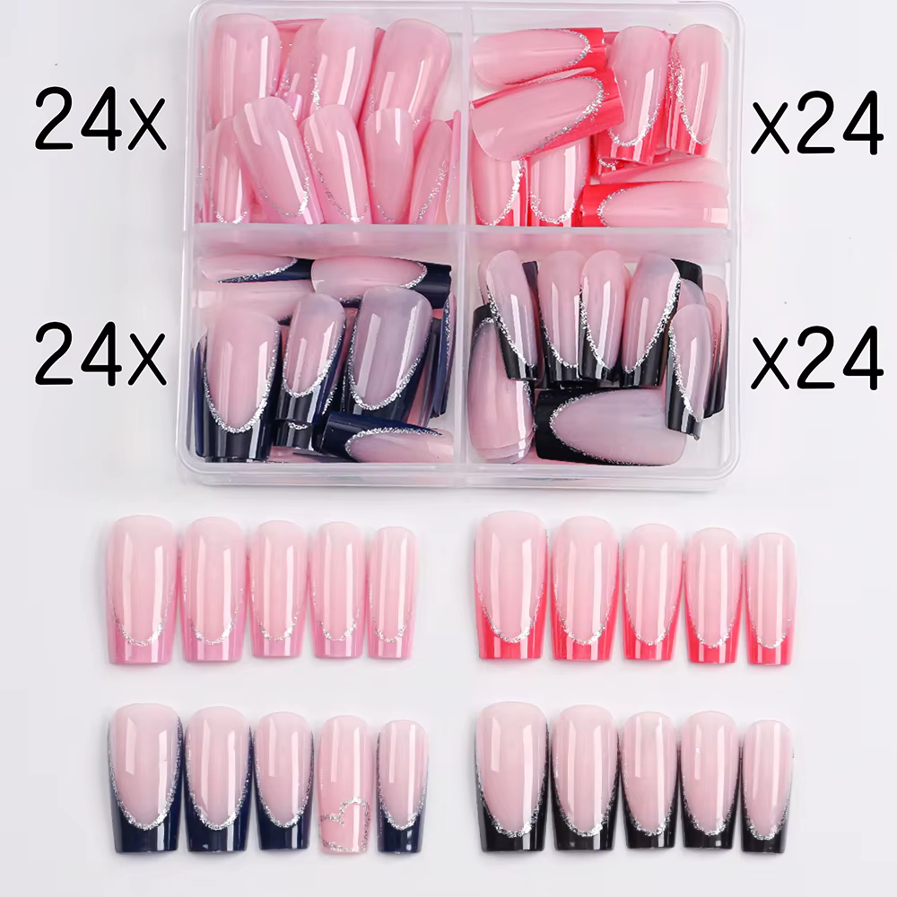 96 pièces/boîte 4 couleurs faux ongles français mi cercueil noir rouge