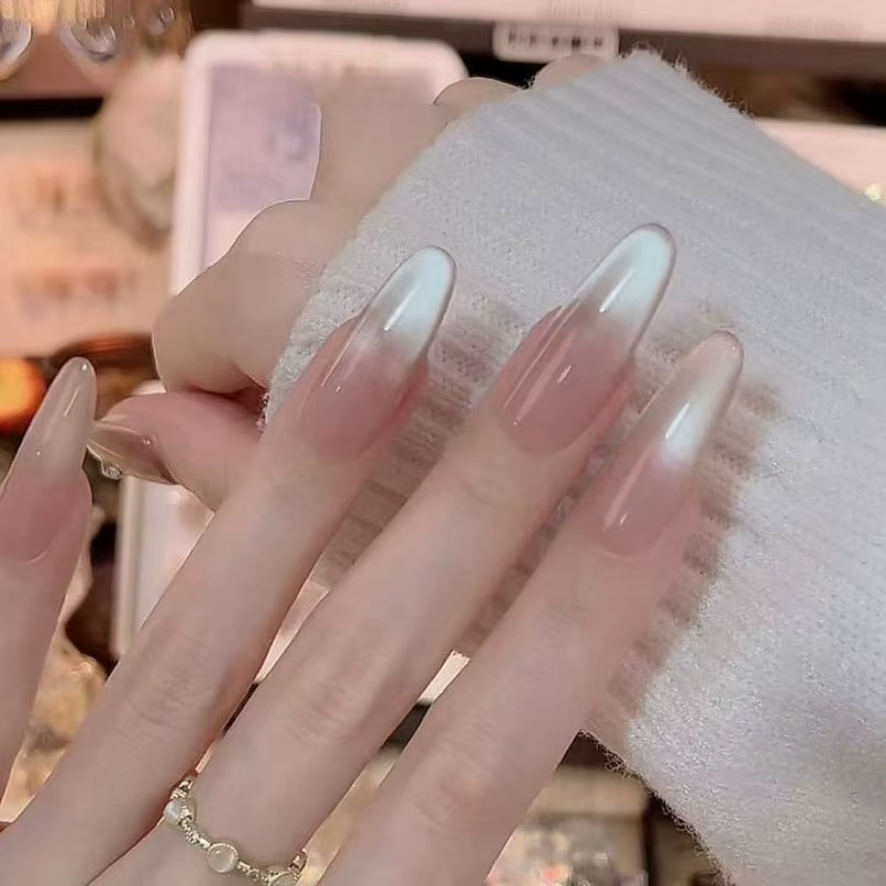 Handmade Press on Nails Nude Cat Eye Aesthetic False