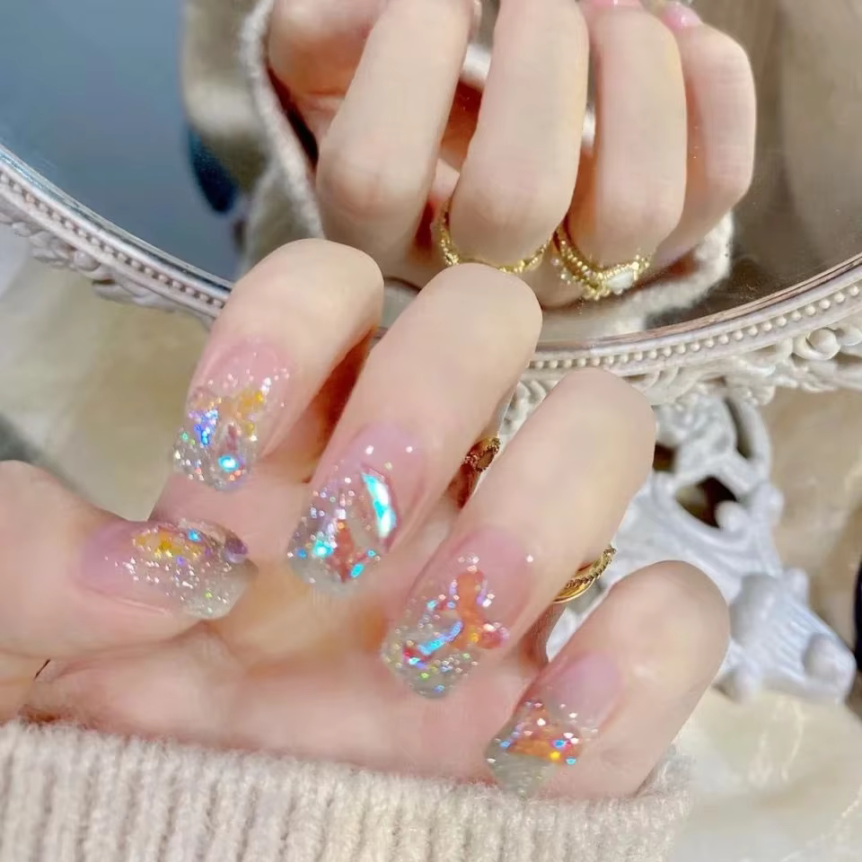 Blingbling Nail Art Glace Transparent Aurora Diamant Rêve Fée Faux Ongles Ongle Artificiel pour Fille