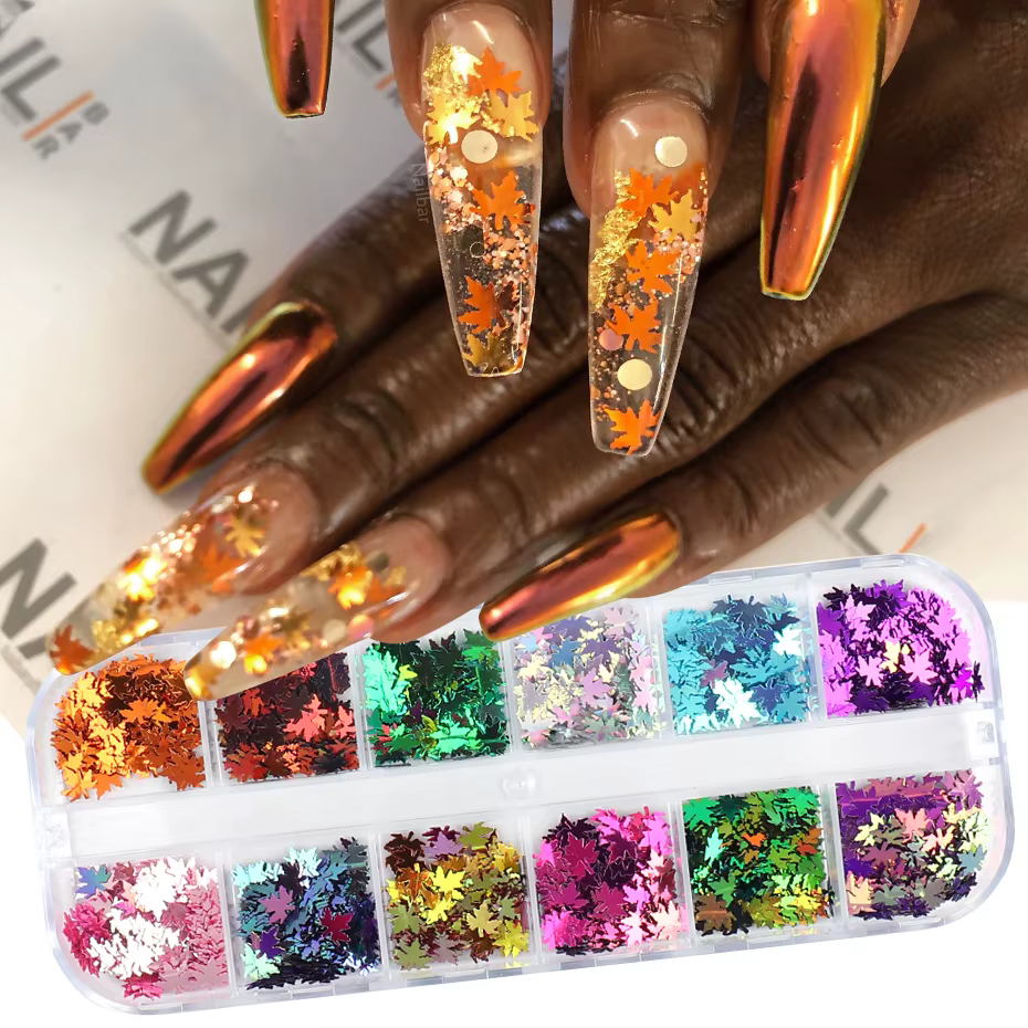 12 grilles miroir feuilles d'érable or Nail Art paillettes automne feuille Design bricolage charme bijoux