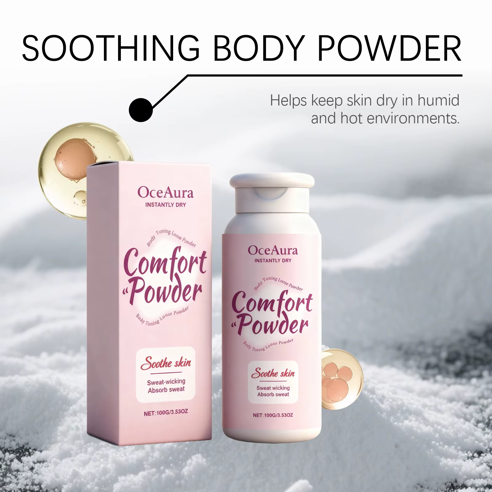 Poudre Confort Instantanée Séchage Rapide Poudre Corporelle Apaisante Anti-Transpiration Absorbe la Sueur Sans Talc Soin Rafraîchissant pour l'Été