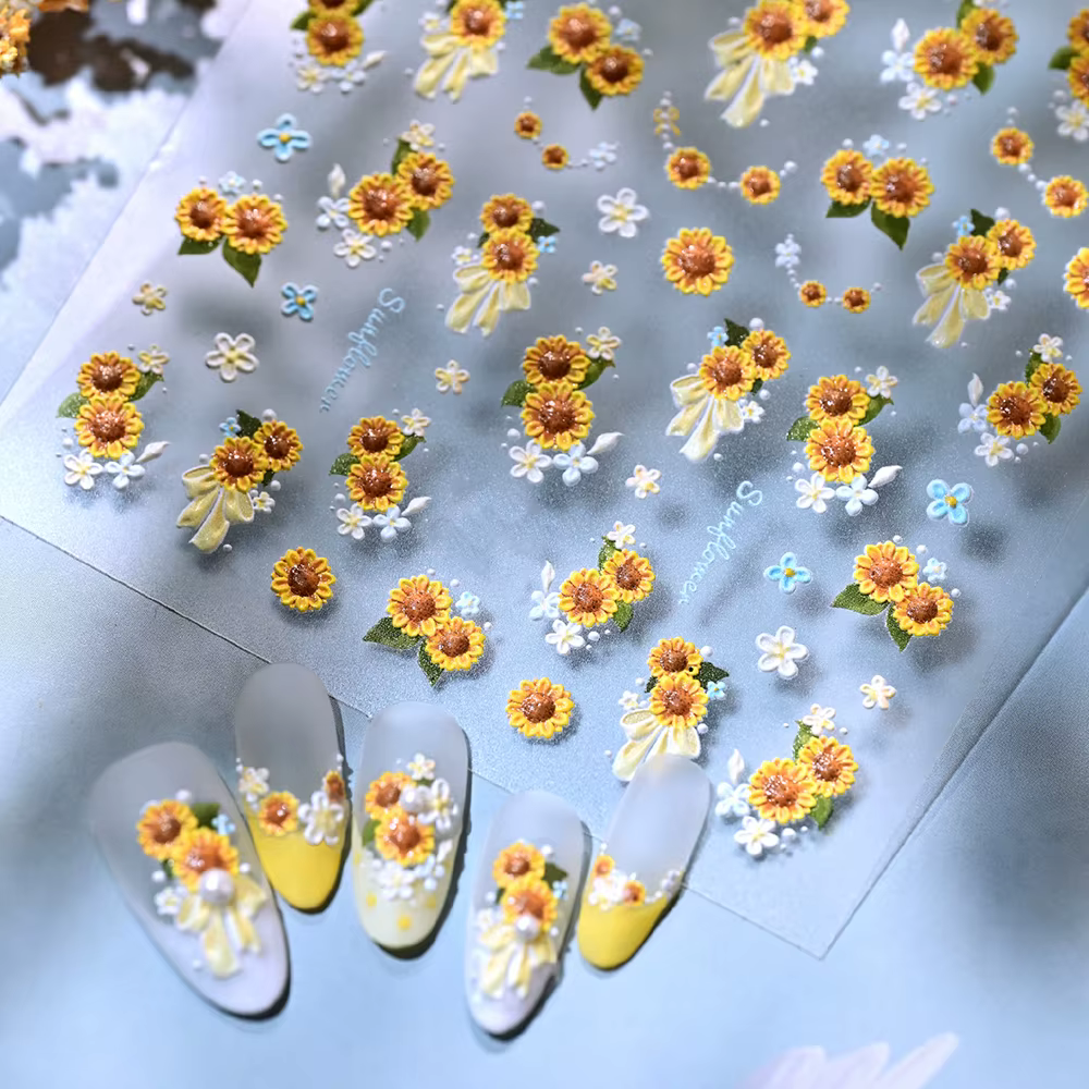 1 feuille d'autocollants 5D gaufrés tournesol pour ongles