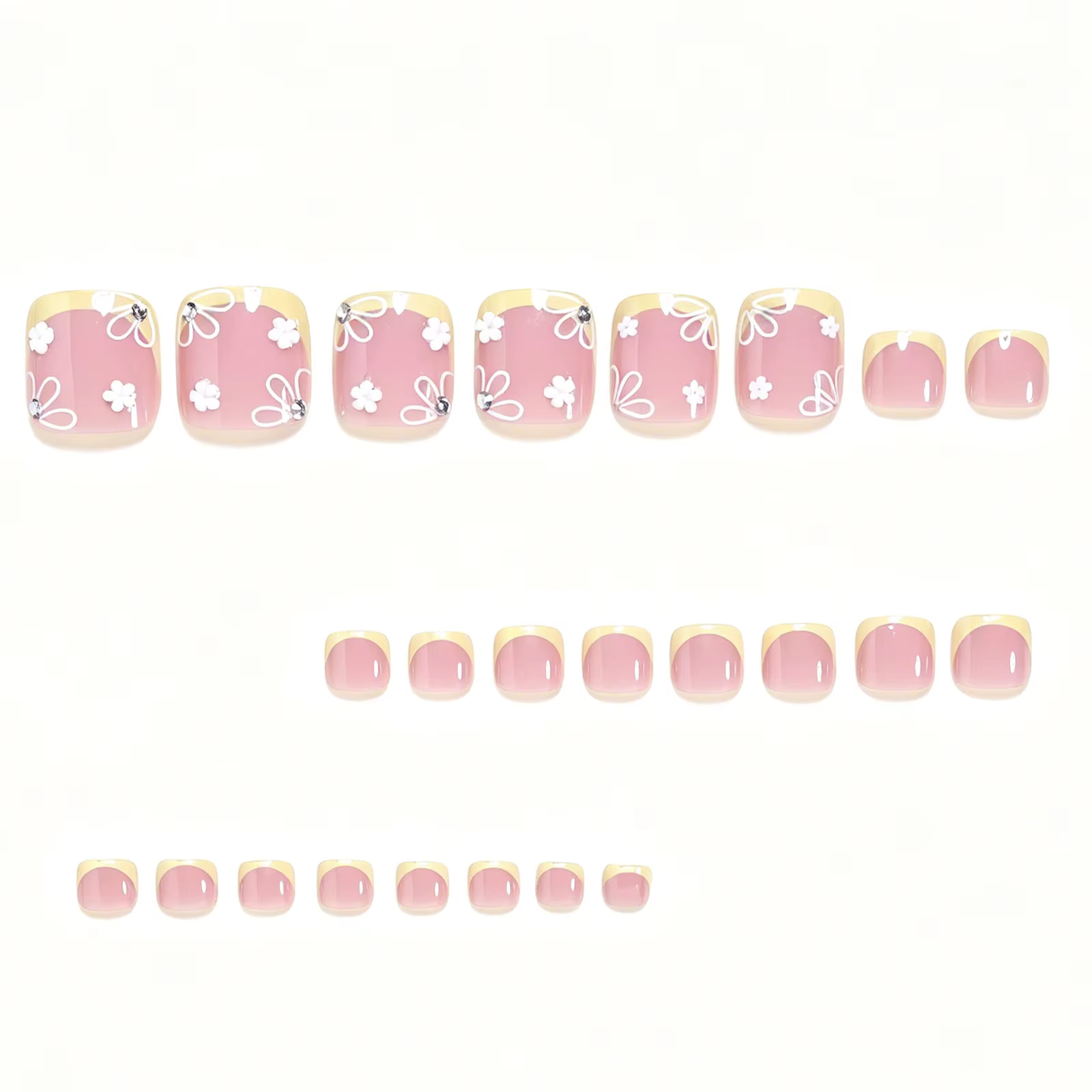Ongles carrés français jaunes avec motif floral blanc