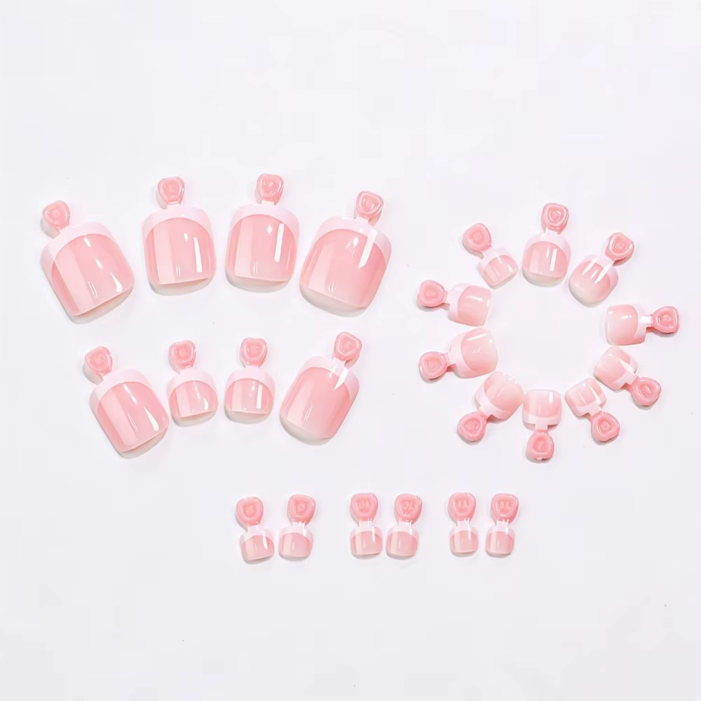 24 pièces/boîte Faux ongles de pieds roses brillants à presser, courts carrés, à couverture complète, style French blanc, portables F$5%R