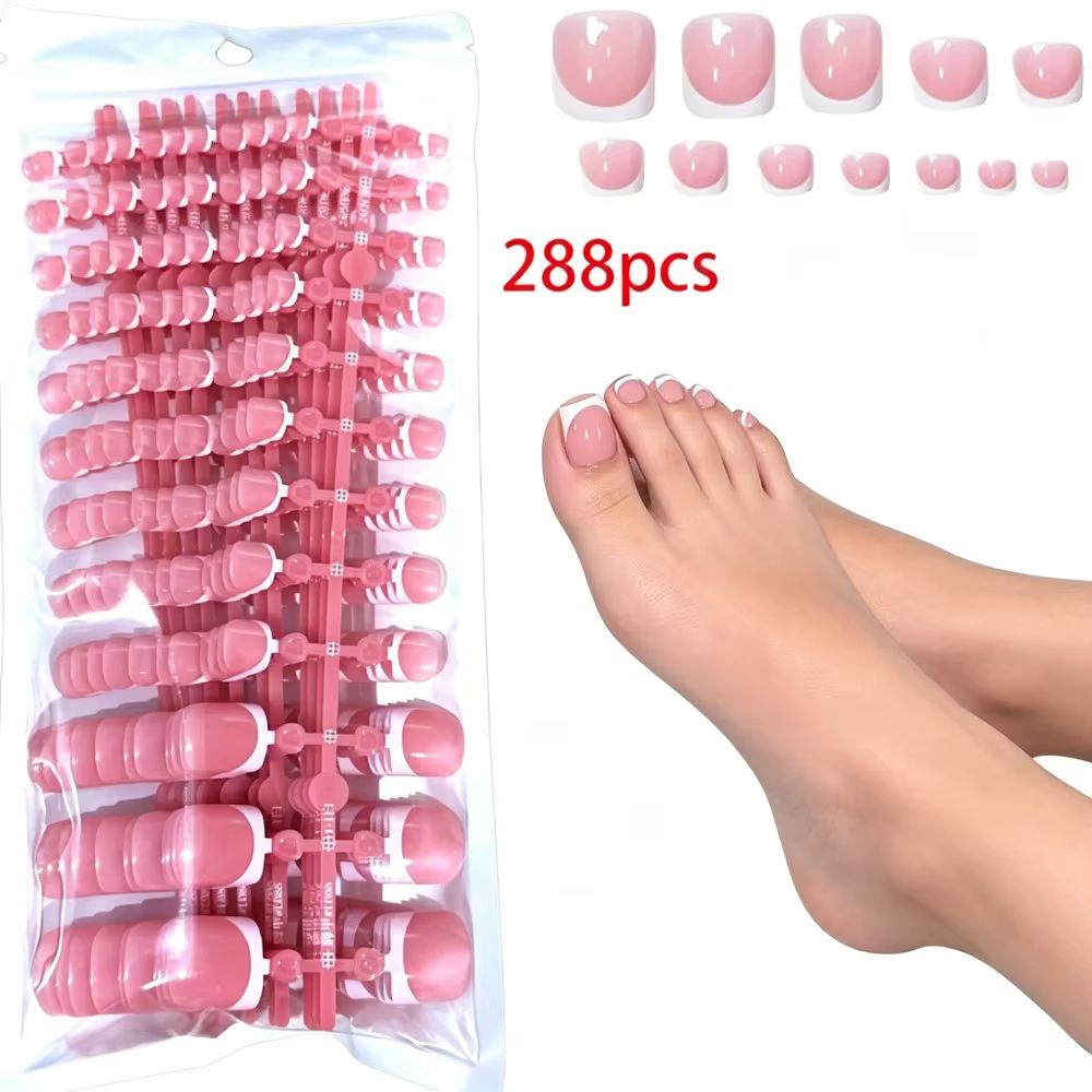288 faux ongles courts carrés à rayures françaises blanches