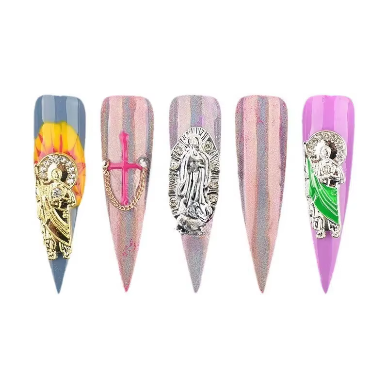 12 pièces ongles alliage exquis jésus prêtre vierge marie soulagement strass décoration d'ongle thème religieux