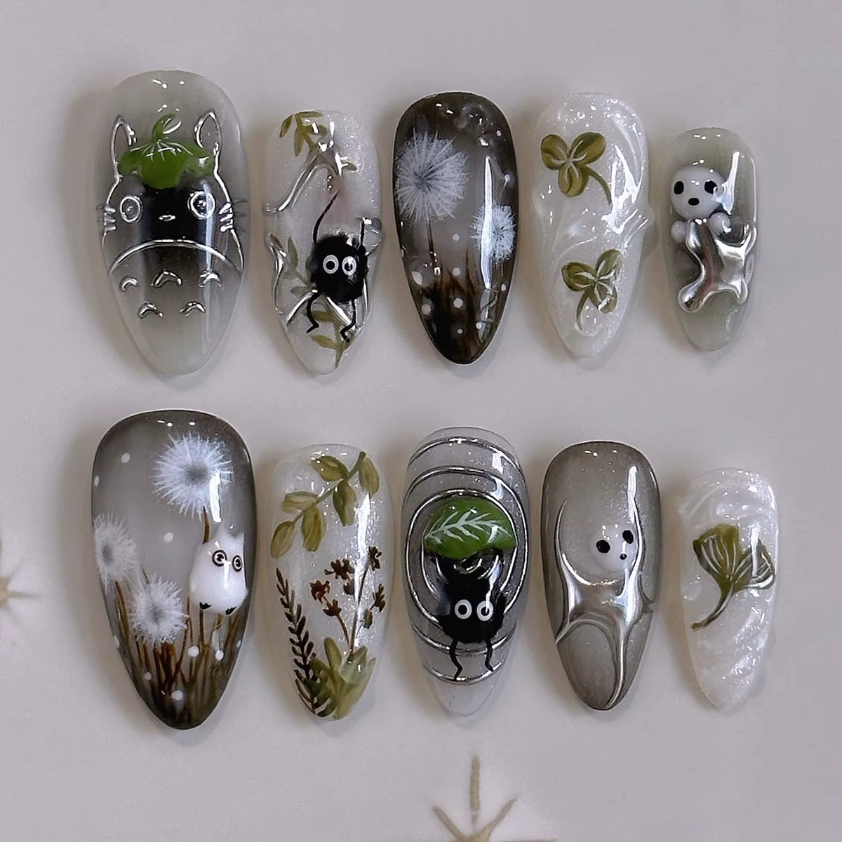 24 pièces dégradé noir faux ongles mignon dessin animé oeil de chat forêt elfe fille presse