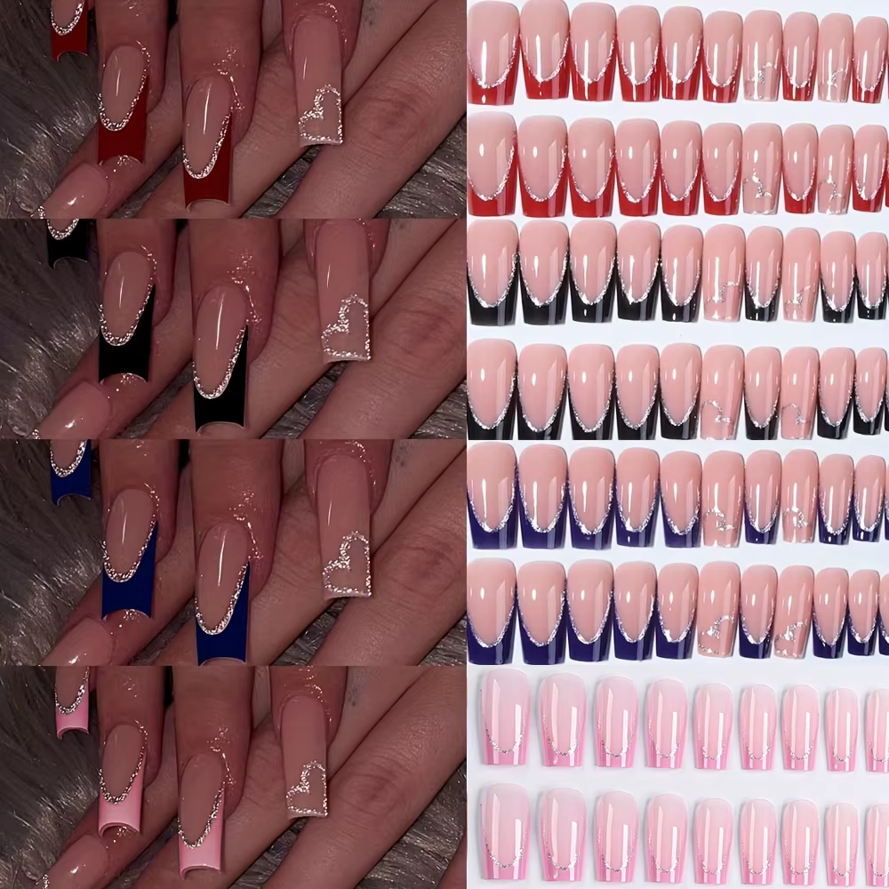 96 pièces/boîte 4 couleurs faux ongles français mi cercueil noir rouge