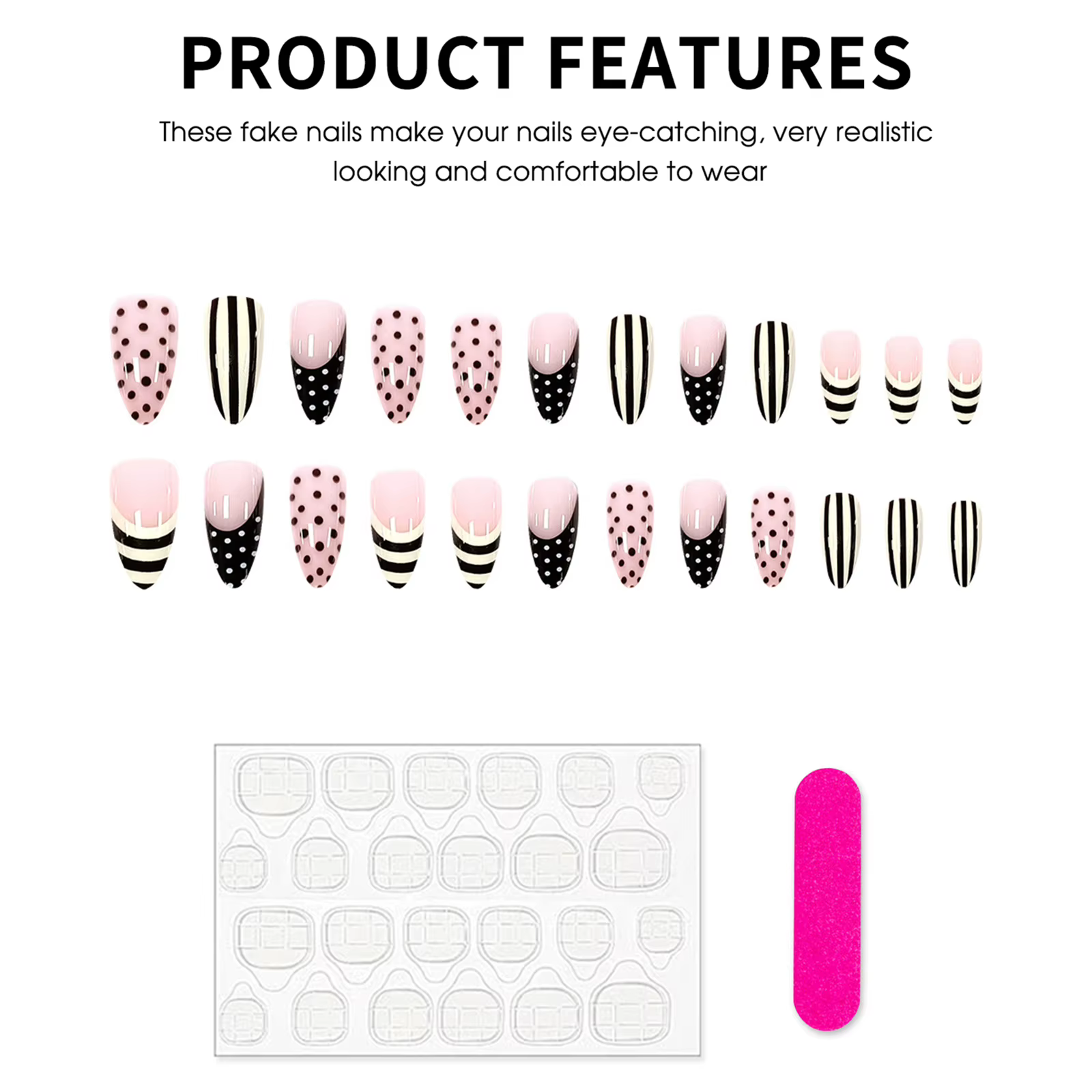 24 faux ongles français INS avec motif à pois noirs et rayures jaunes